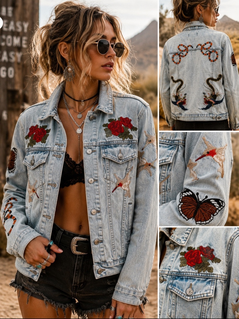 PacSun Y2K Embroidered Denim Jacket Snakes Butterflies Roses
